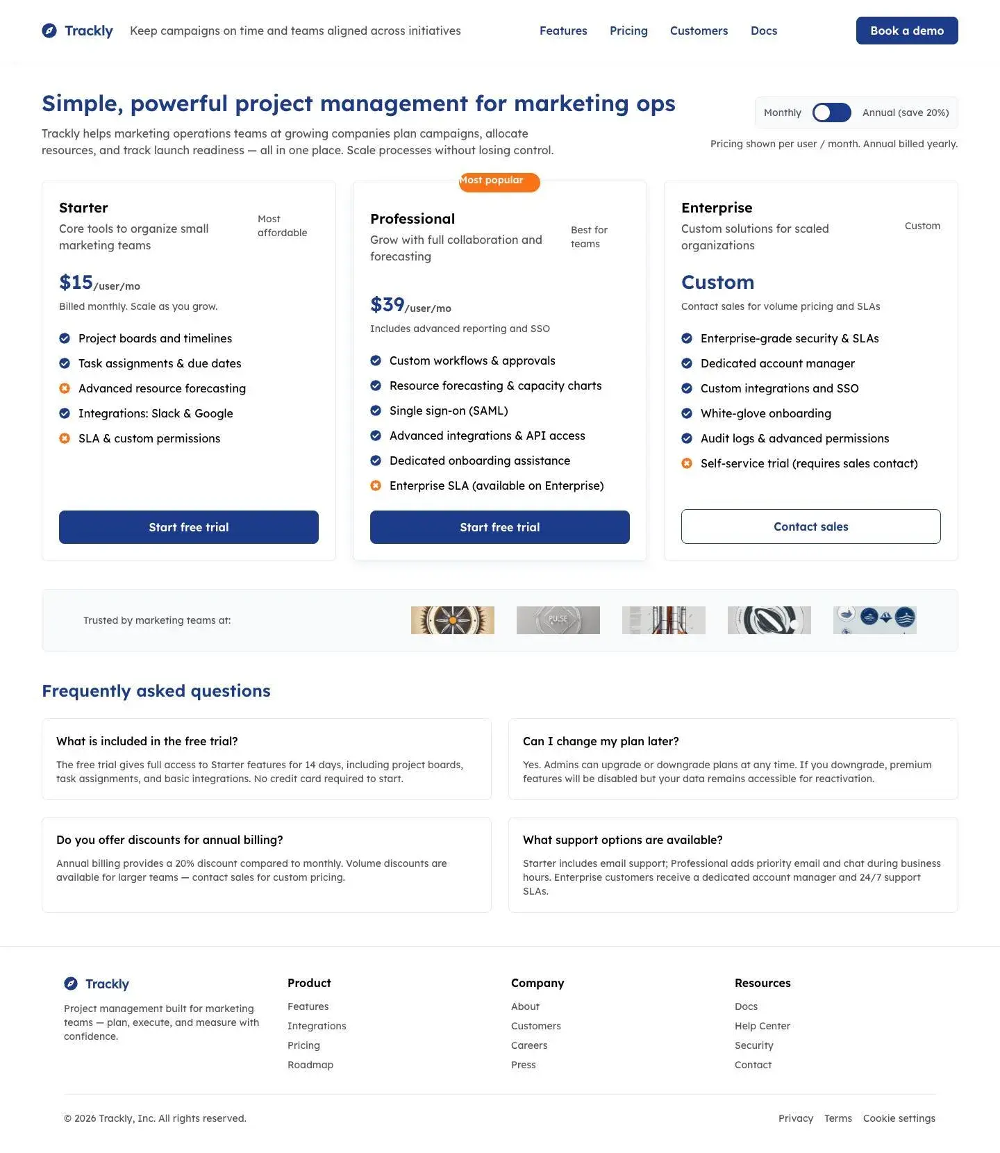 uizard’s ai-generated trackly pricing page with three plan tiers, a customer logo strip, and a frequently asked questions section at the bottom