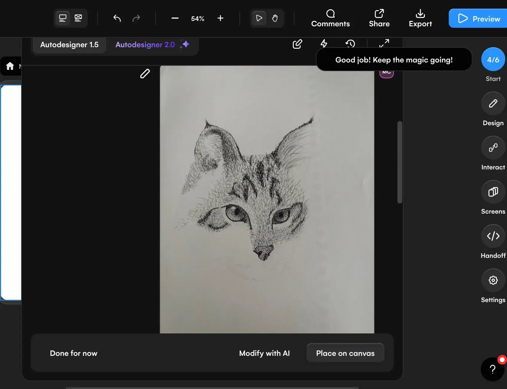 uizard mobile canvas previewing a hand-drawn cat sketch uploaded from a phone with modify with ai and place on canvas action buttons