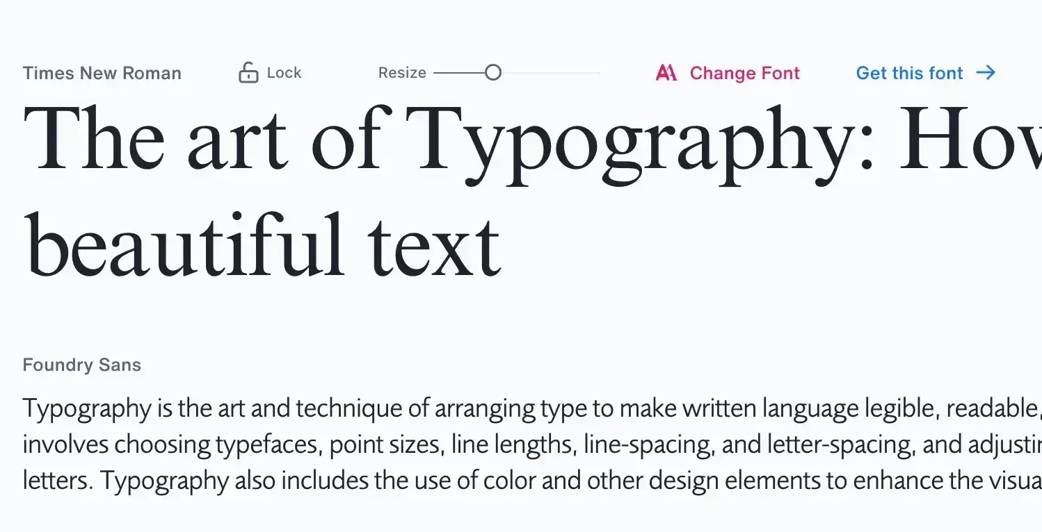 monotype’s ai font pairing tool displaying a times new roman headline paired with foundry sans body copy in a typography preview for ai for ui design