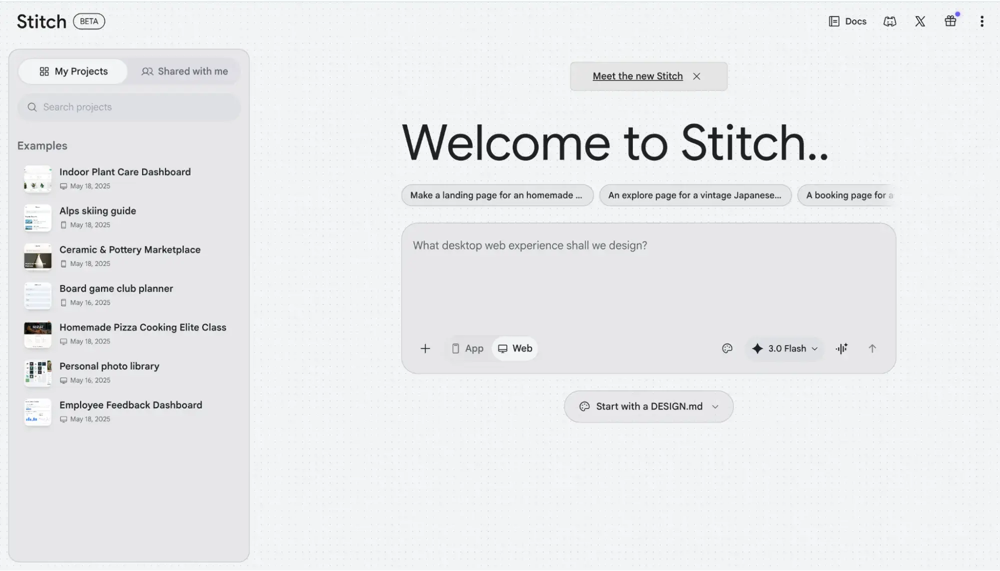stitch homepage with the ai for ui design tool’s prompt input on the right and example projects like dashboards and guides in the left sidebar