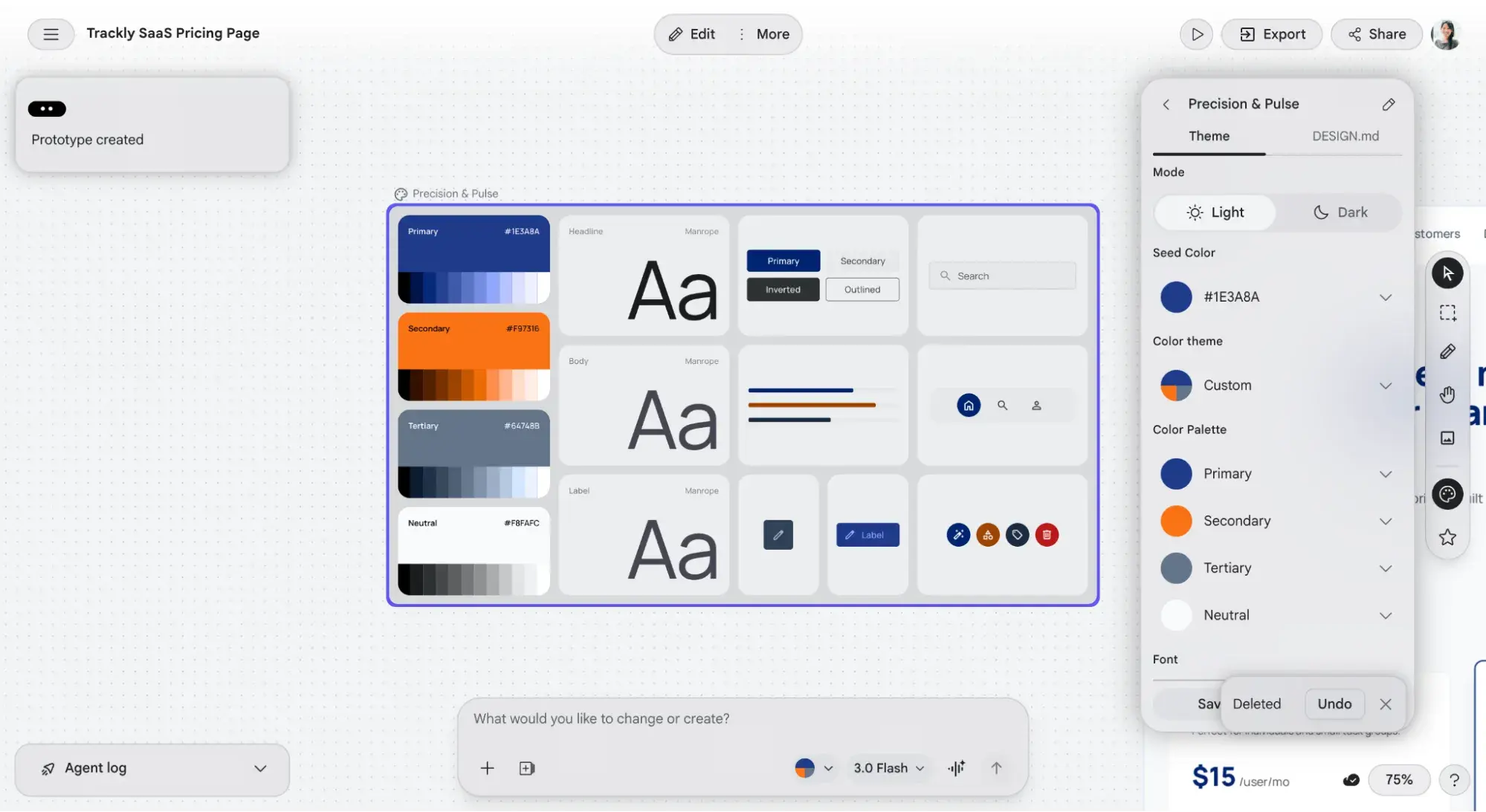stitch design system editor displaying primary, secondary, and tertiary color swatches, typography options, and theme controls for ai for ui design