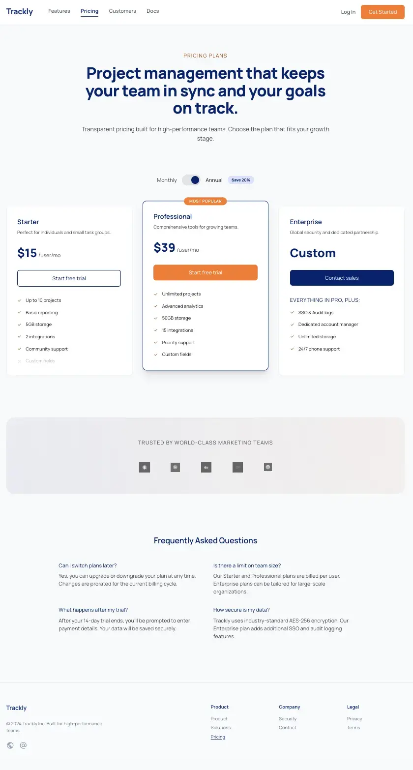 stitch’s ai-generated trackly pricing page with three tiers — starter $15, professional $39 marked most popular, and enterprise custom pricing — plus a customer logo bar and faq section