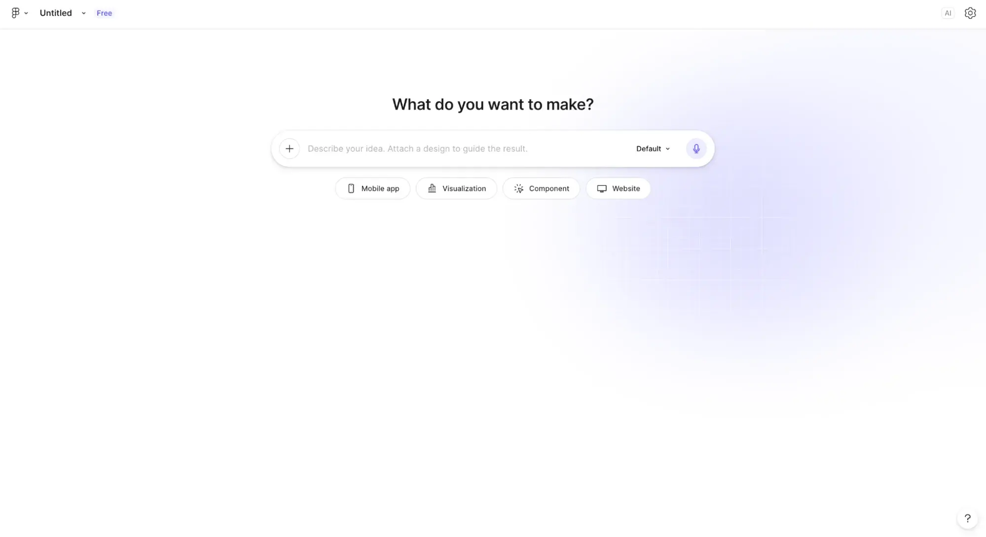 figma make’s blank starting screen with a prompt field and category buttons for mobile app, visualization, component, and website