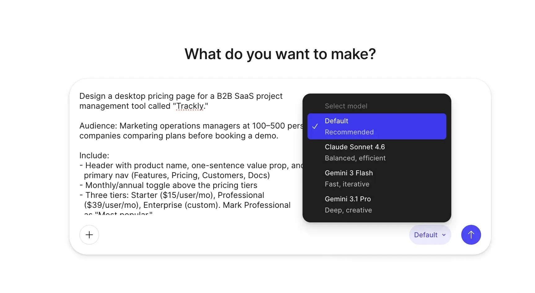 figma make prompt entry showing the trackly pricing page brief with an open model dropdown listing default, claude sonnet 4.6, gemini 3 flash, and gemini 3.1 pro