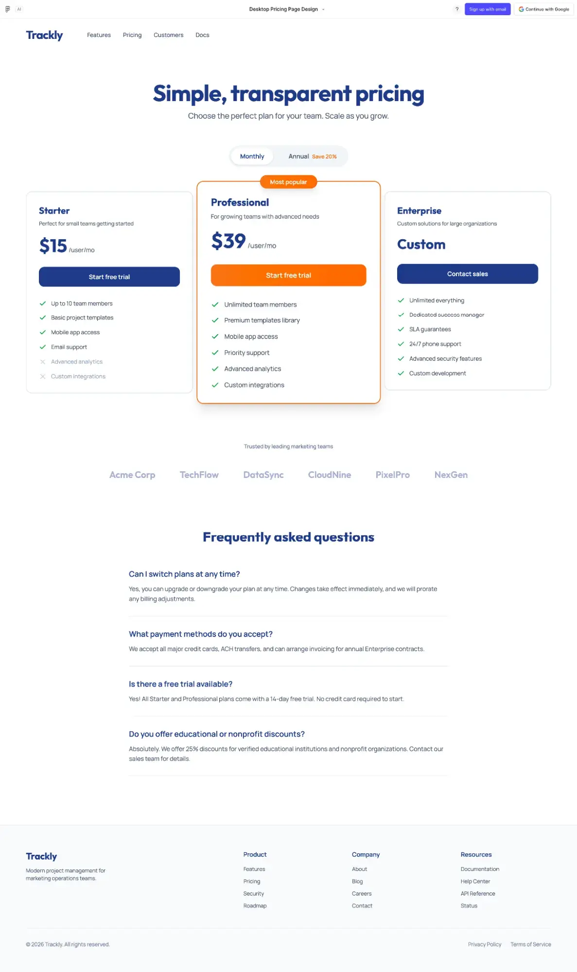 figma make’s ai-generated trackly pricing page with a monthly/annual toggle, starter, professional, and enterprise tiers, customer logo bar, and faq section
