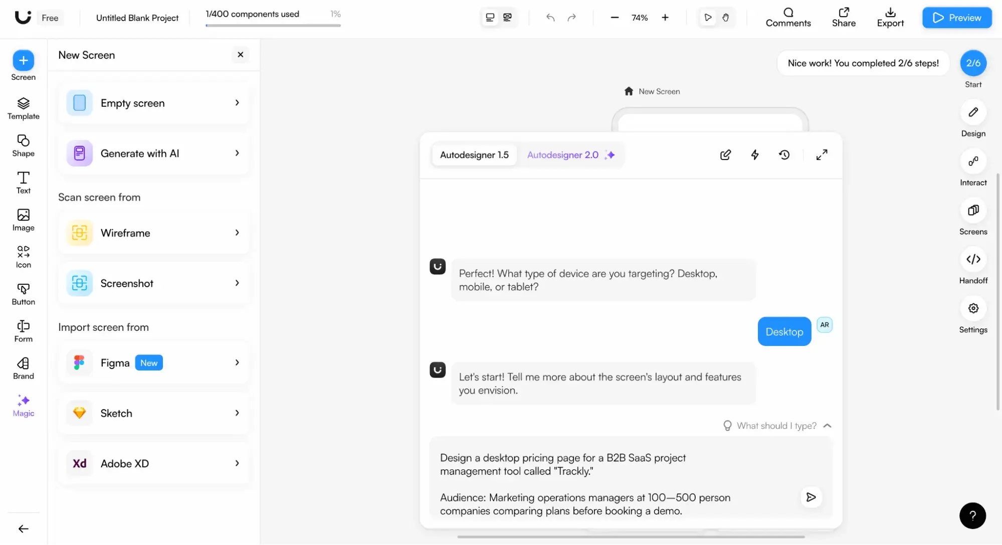 uizard’s ai autodesigner chatbot collecting answers about device target and pricing-page layout to drive ai for ui design generation