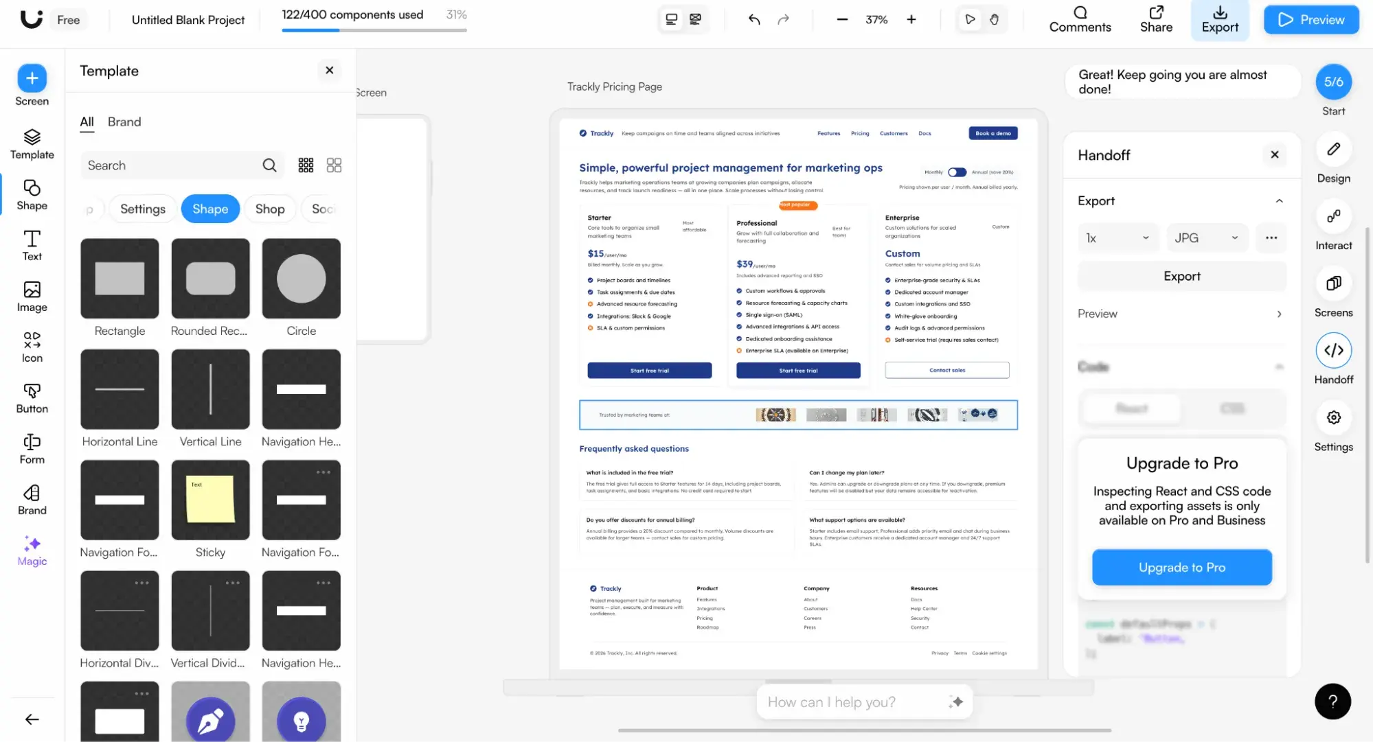 uizard editor showing the generated trackly pricing page with a template panel on the left and an upgrade to pro prompt blocking react and css code export