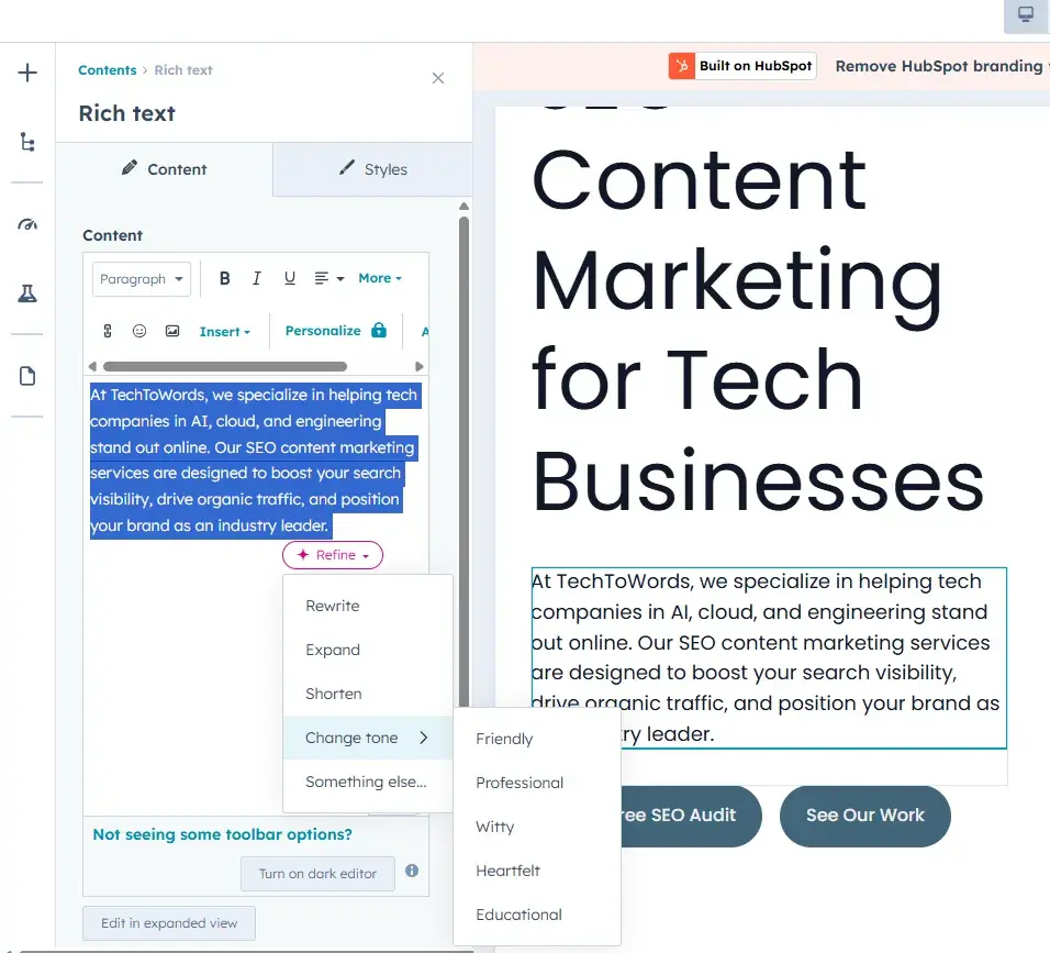 hubspot website ai edit, ai for website development, example of the edit process