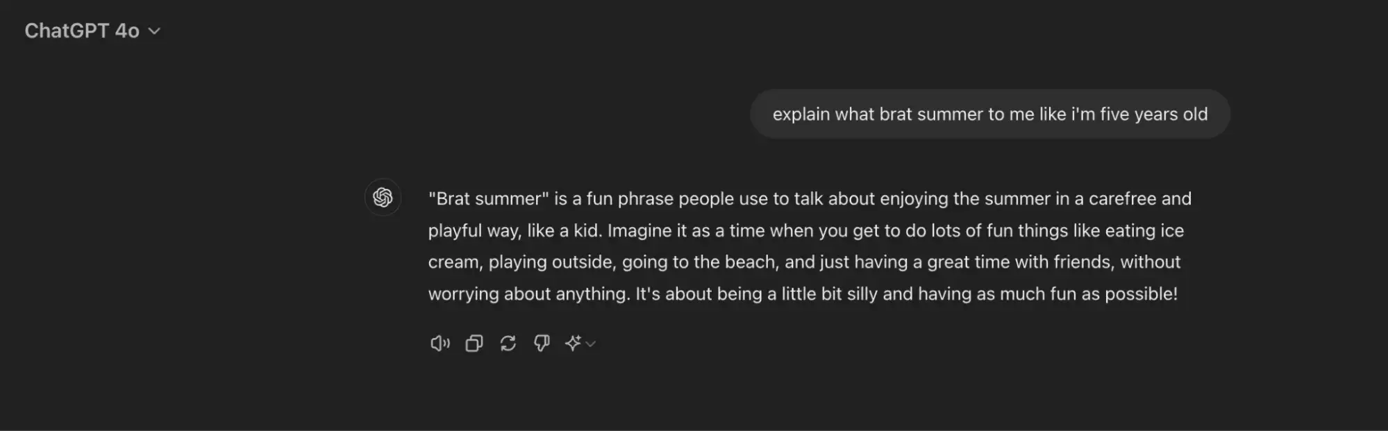 Dark mode screenshot showing ChatGPTs answer to explain brat summer to me like Im five years old