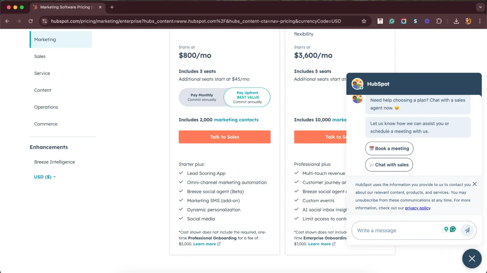 screenshot showing the ai chatbot used on hubspots pricing page