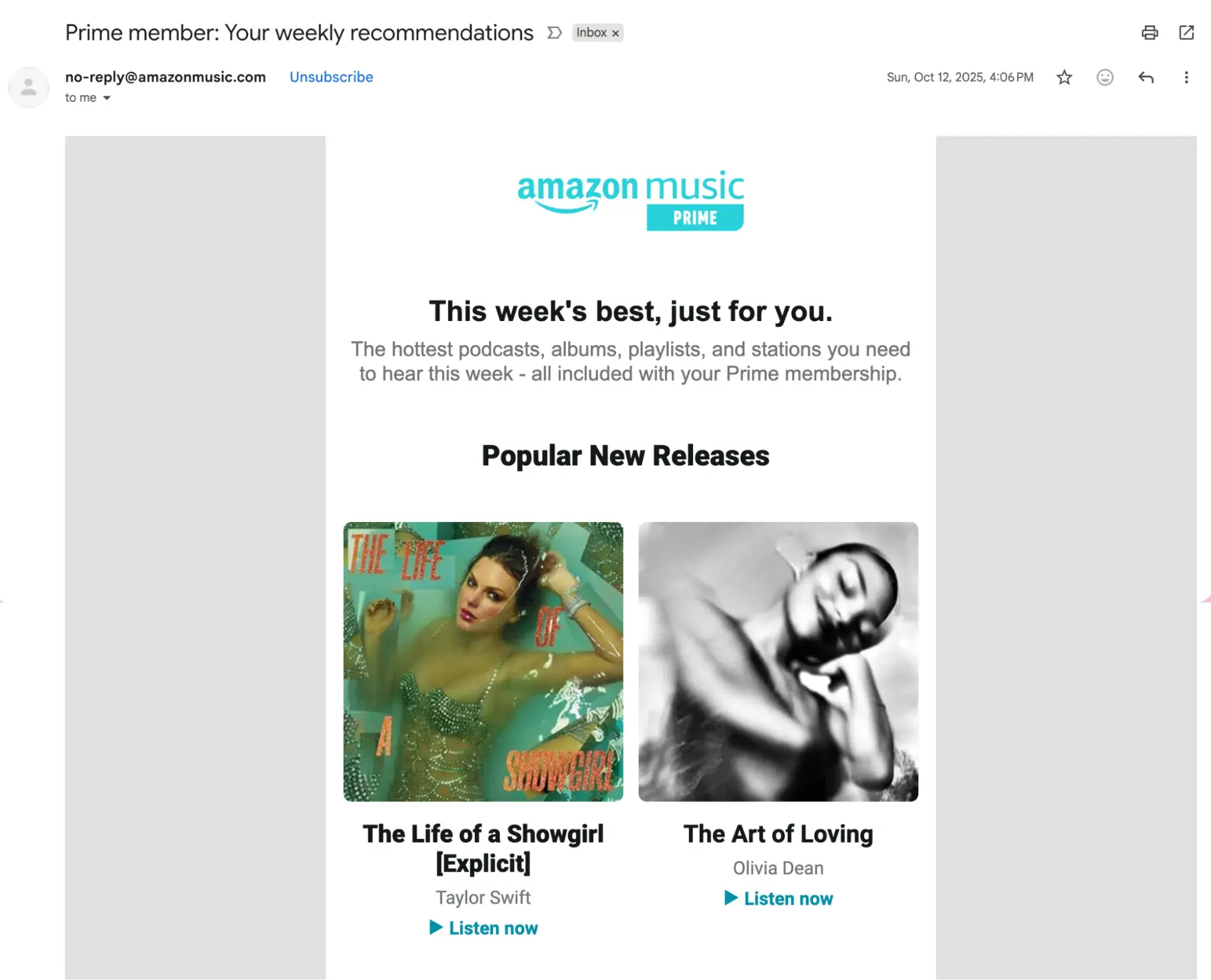 example of ai in email marketing from amazon prime music
