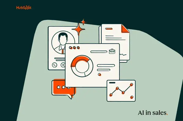 Illustrated icons showing AI in sales with profile, document, chart, and chat elements