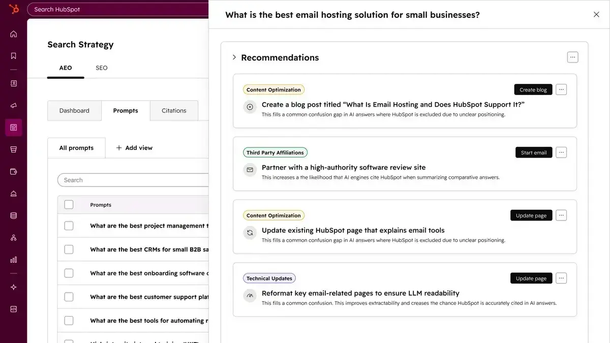 HubSpot AEO recommendations panel showing content optimization and third-party affiliation actions for email hosting prompt