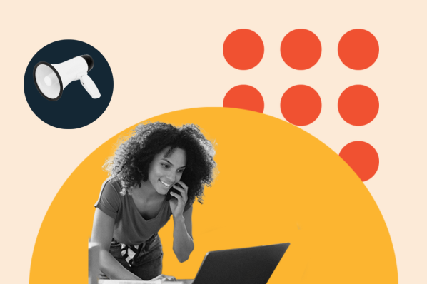 AI localization strategy: image shows a megaphone and a woman talking on her cellphone using a laptop 