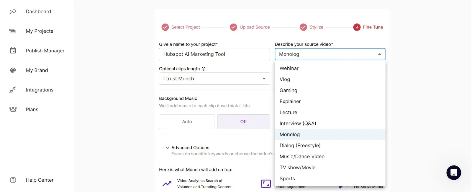 the munch ui, showing different options that you can customize