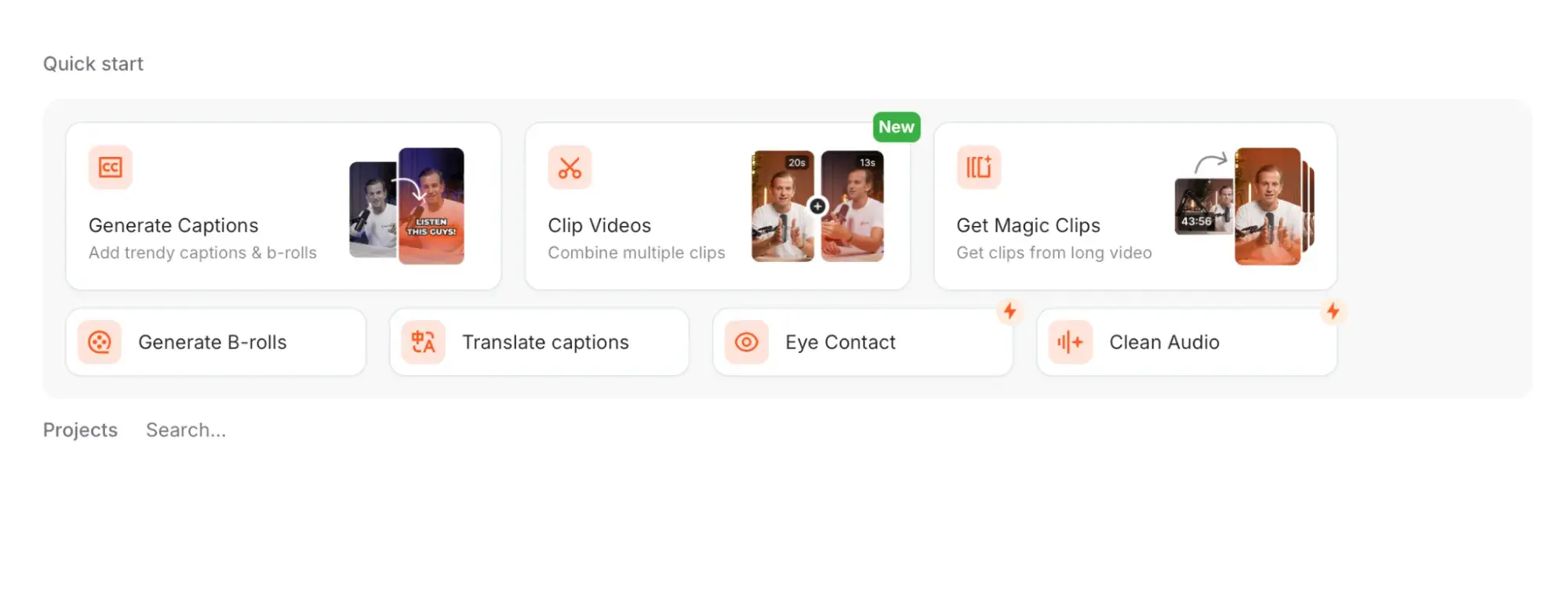 submagic ui, showing the different things you can do on the platform
