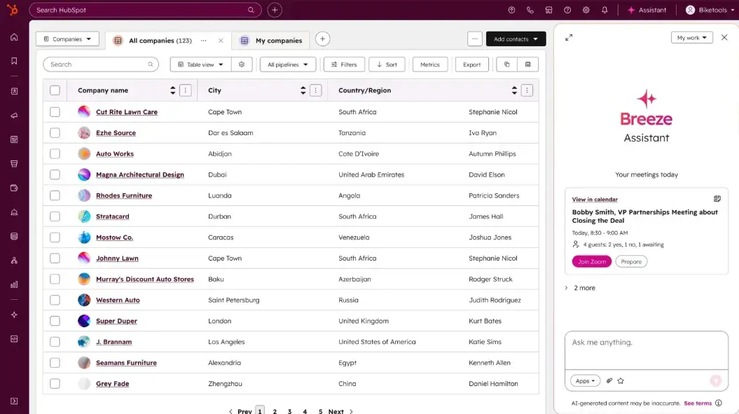 hubspot breeze’s ui showing a list of leads