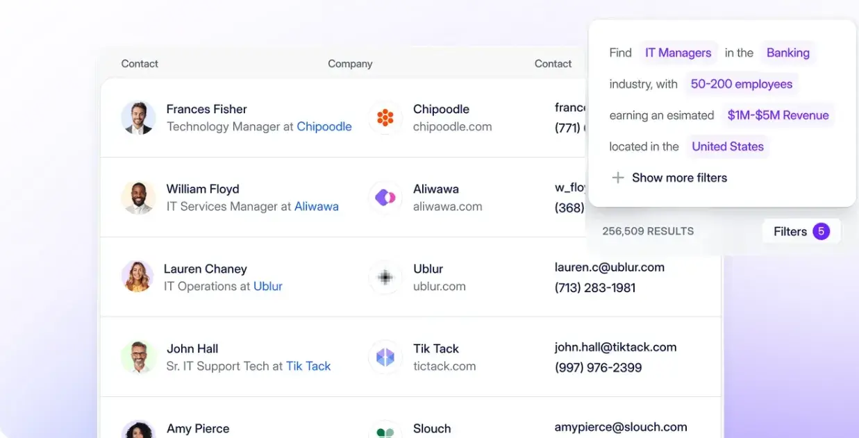 seamless ai’s ui, list of leads with filters generated by ai