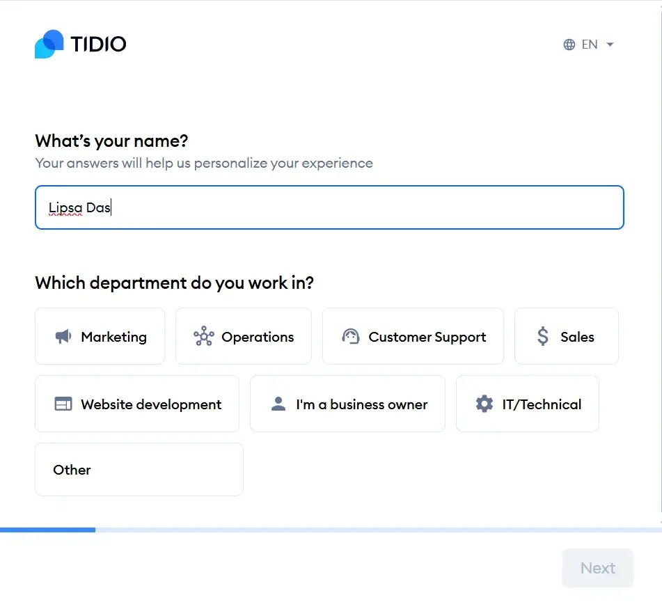 questionnaire showing tidio’s extensive onboarding process
