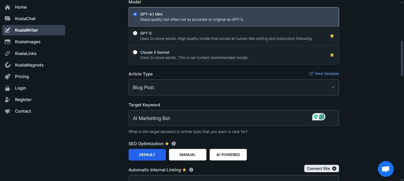 koalawriter ui for text generation, gpt-4.1 mini model on koala