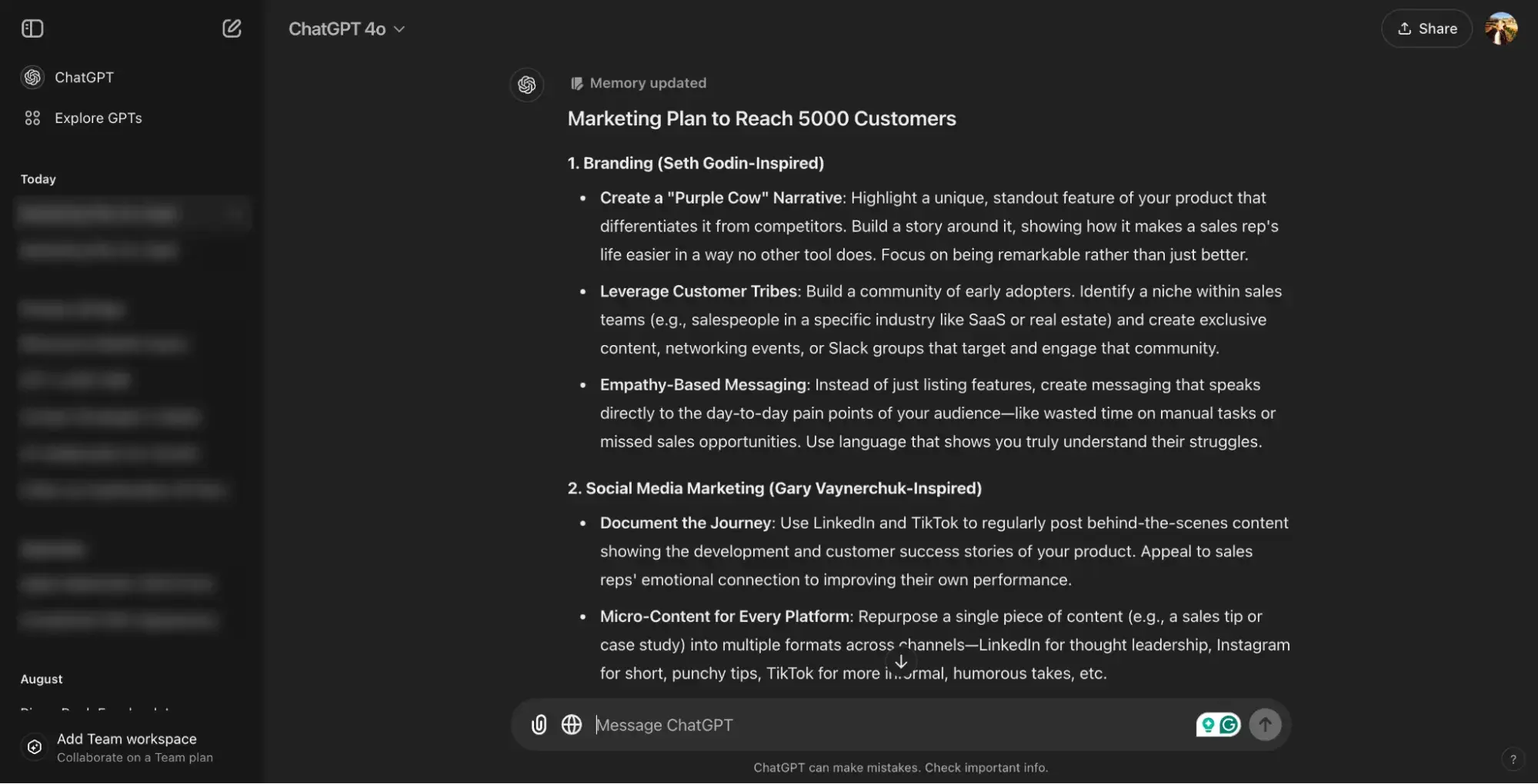 Screenshot of ChatGPTs response to my marketing plan prompt