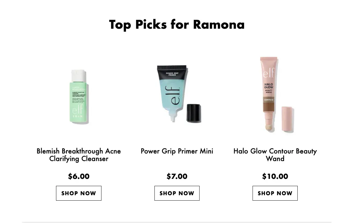 ai personalization in marketing,e.l.f. email marketing product recommendations