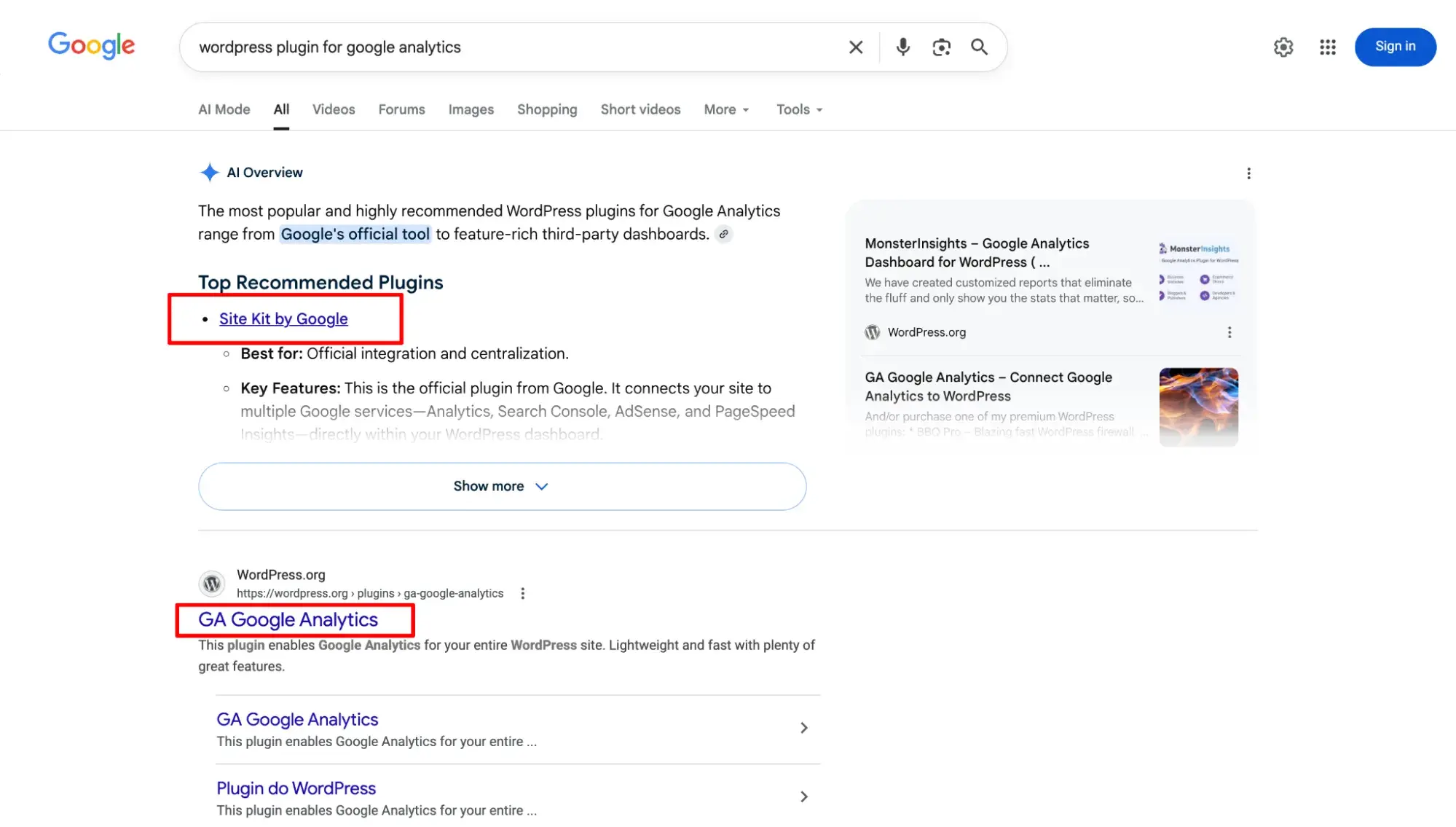 Google search results for WordPress plugin for google analytics with AI Overview highlighting Site Kit plugin