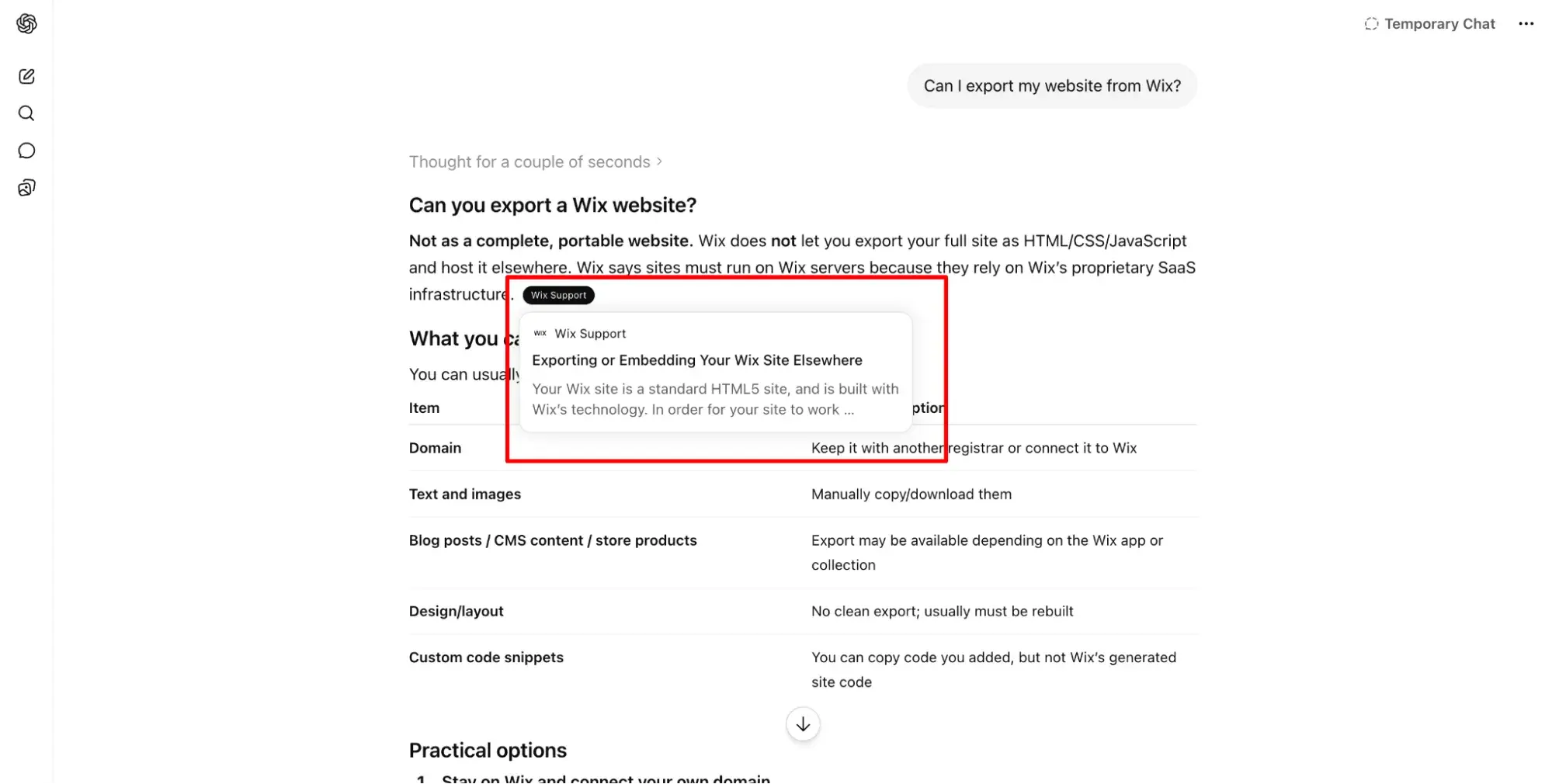 ChatGPT conversation about exporting websites from Wix with cited source highlighted in red box