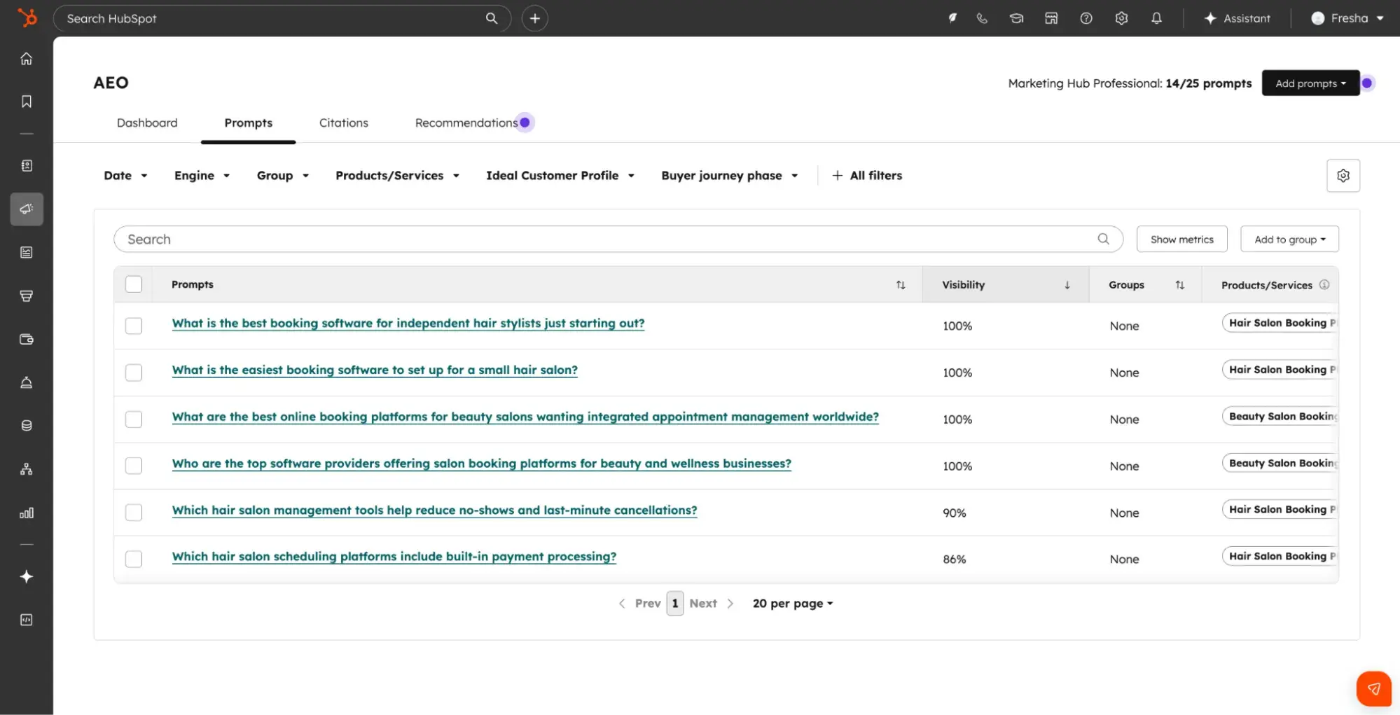 HubSpot AEO tool prompts tab showing salon booking software queries with visibility percentage scores