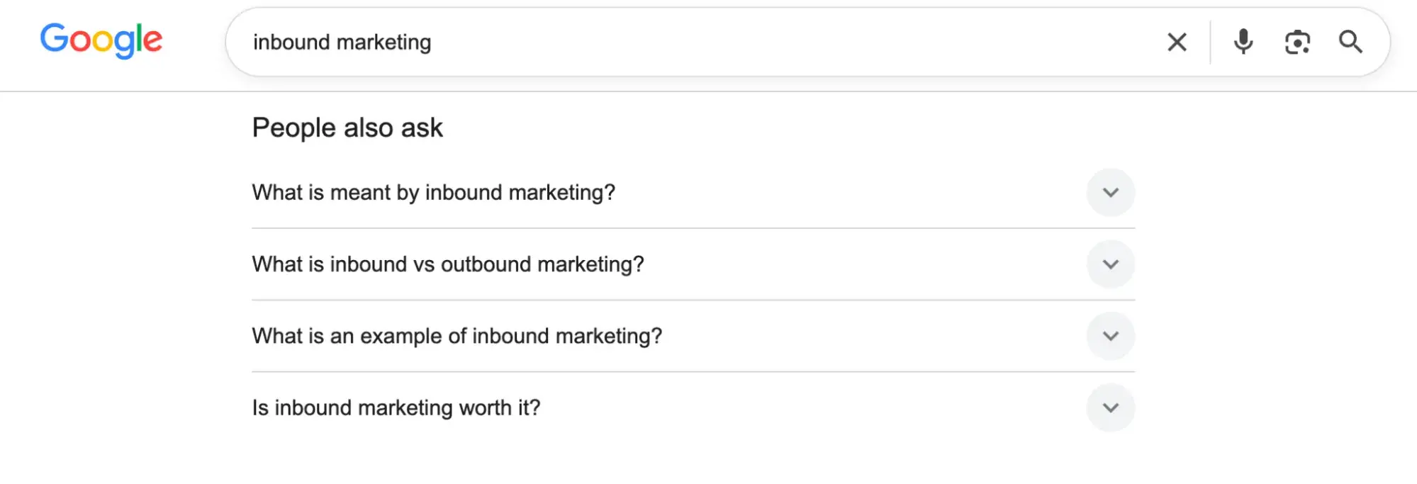 Google search results for 'inbound marketing' showing People Also Ask section with four expandable questions