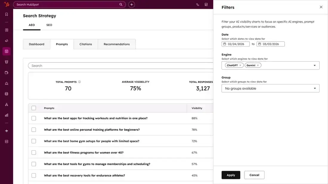AEO tool interface displaying prompts with visibility percentages to track AI search visibility ROI performance