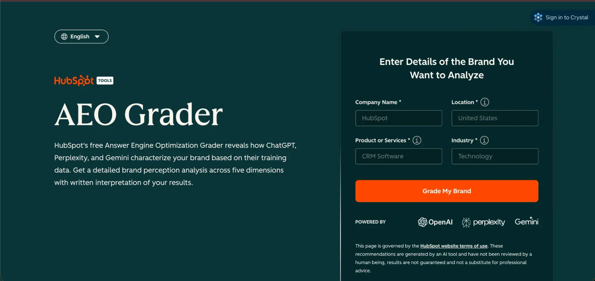 HubSpot AEO Grader form for analyzing brand perception and AI search visibility ROI across AI platforms