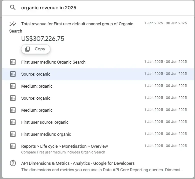 screenshot from google analytics shows how the ai tool, insights* records seo kpi data.