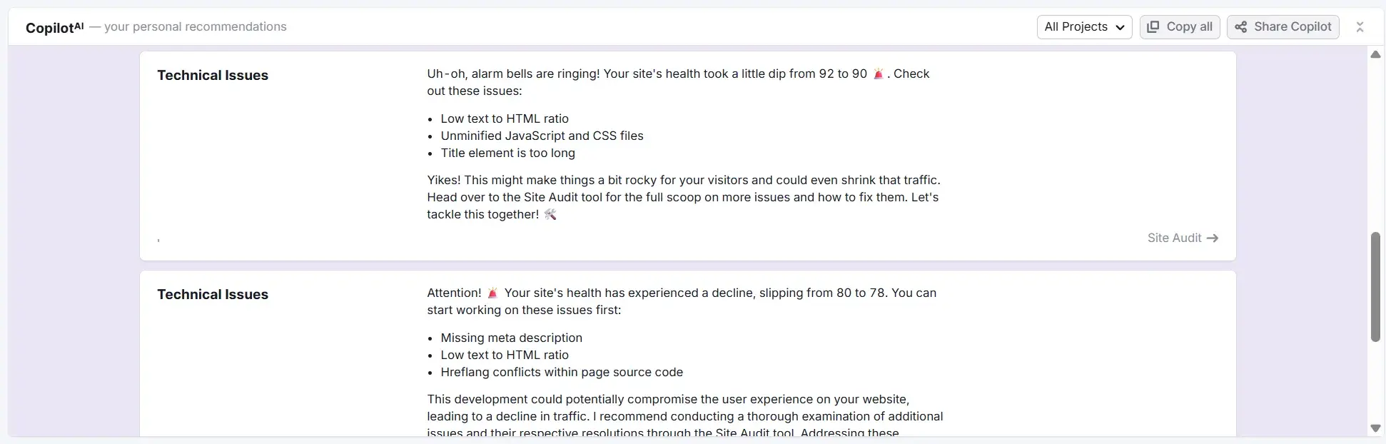 a screenshot from semrushs copilot ai tool shows the ai recommendations for technical seo.