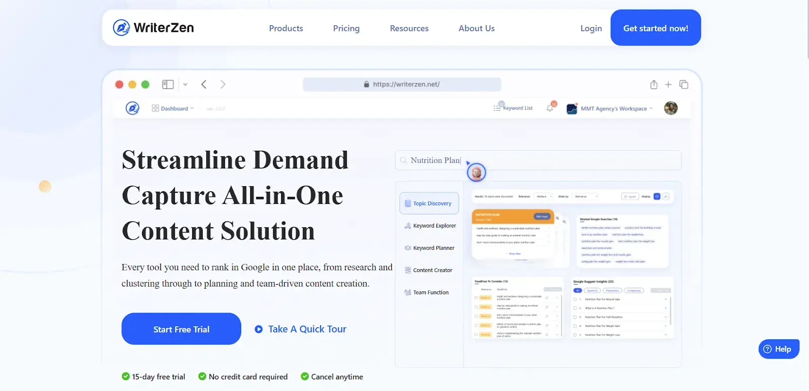 ai seo tools content brief builder in writerzen showing serp-based heading suggestions, keyword clusters, and article outline creation workflow