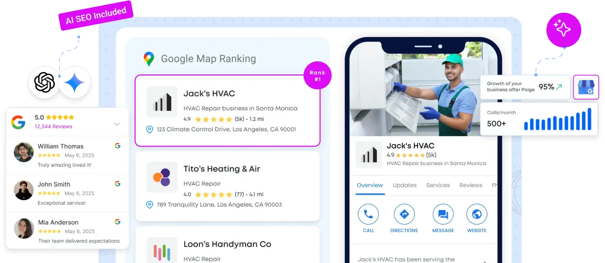 ai seo software paige by merchynt showing local seo automation dashboard with google business profile management, local ranking heatmap, and automated posting workflow