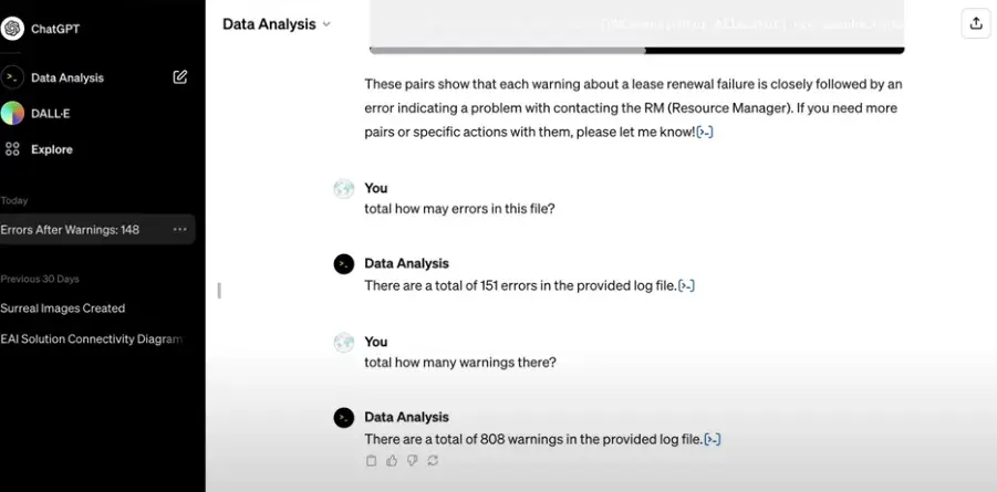 Asking Open AIs Data Analysis GPT questions about data from a log file 