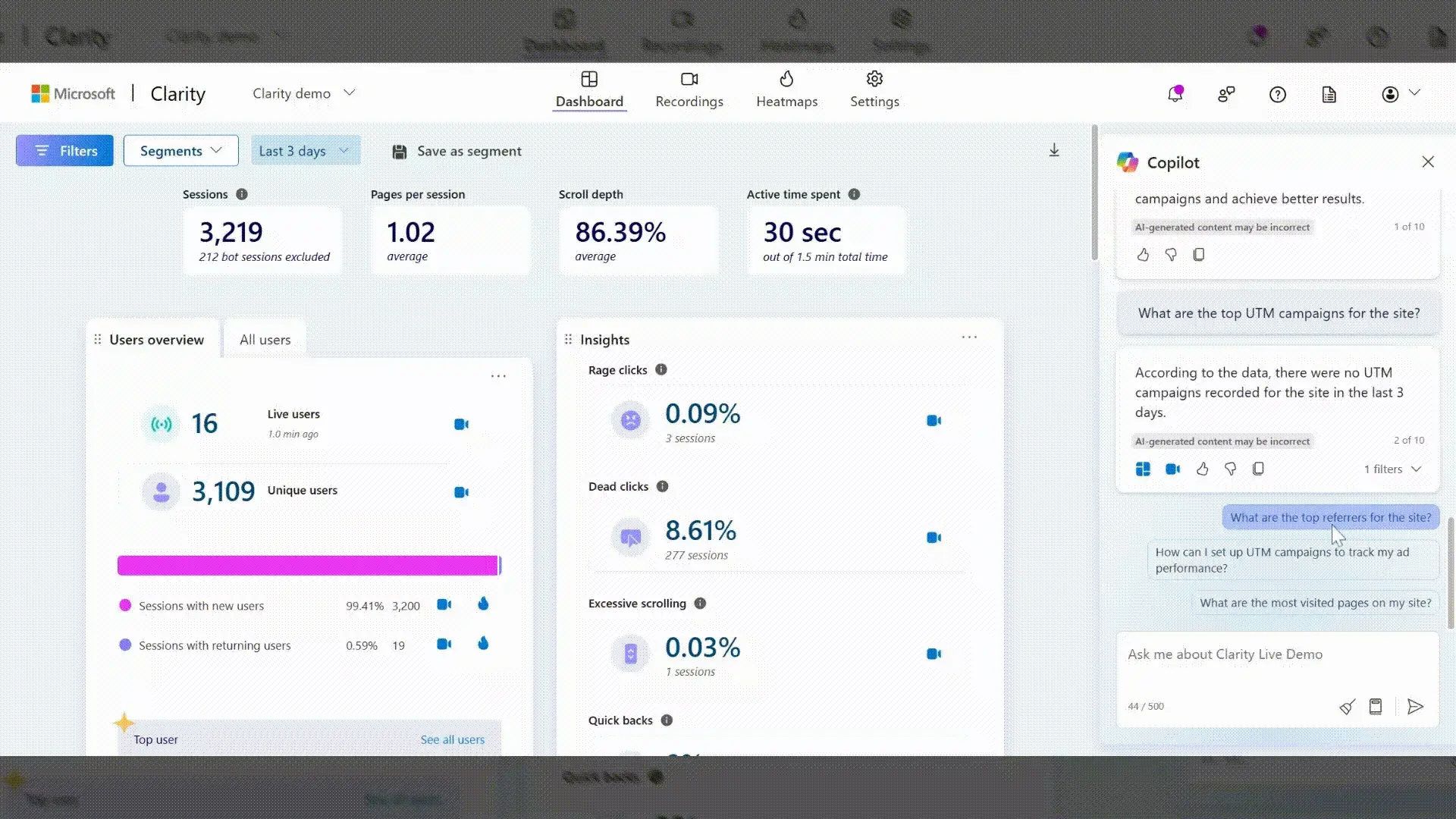 Screenshot shows Microsoft Claritys AI feature, Copilot, on the right-hand side.