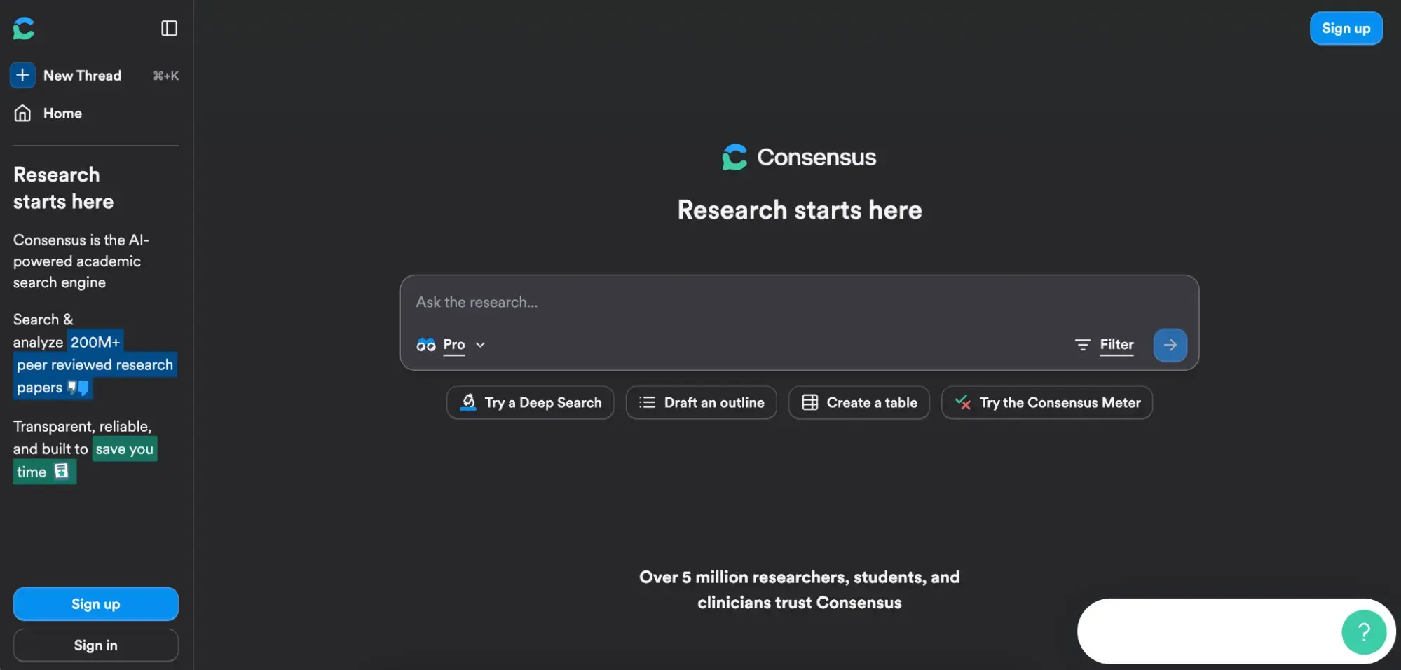 Screenshot of the consensus -KI market research instrument