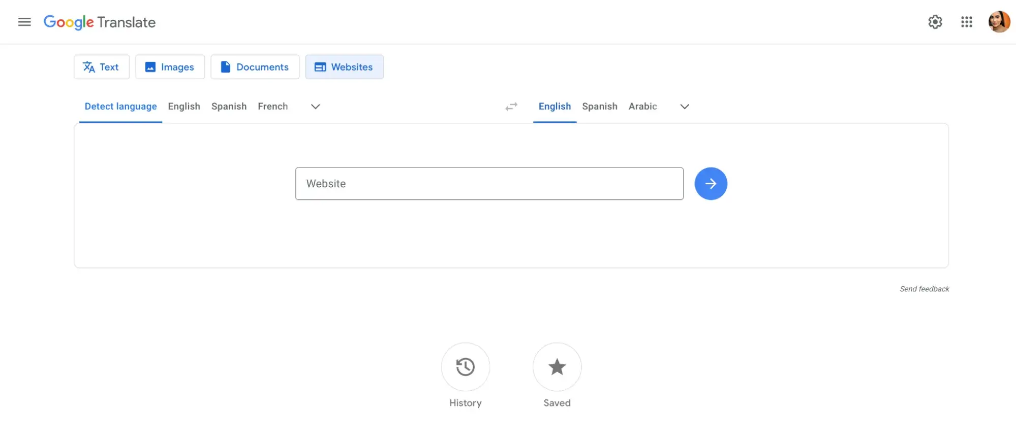 Screenshot shows Google Translate Homepage