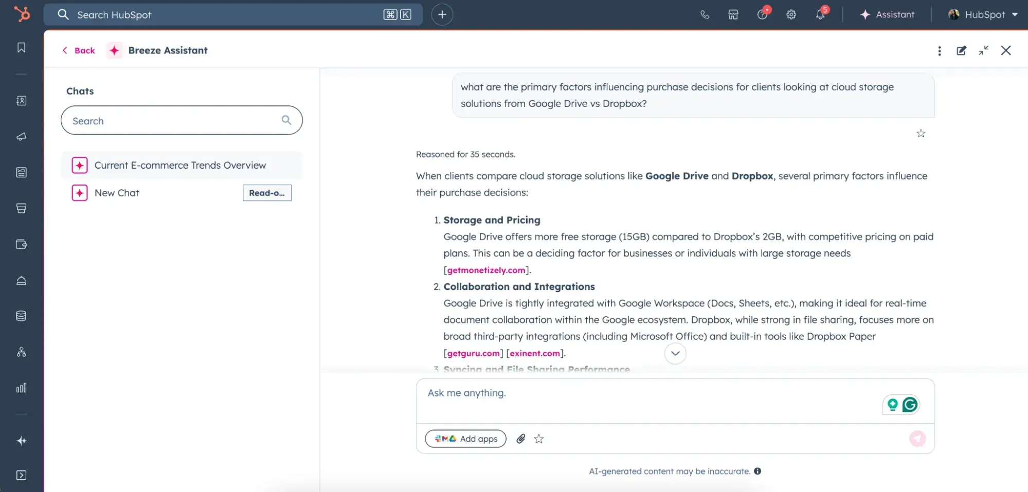 Screenshot of the reaction in the Breeze -KI market research instrument