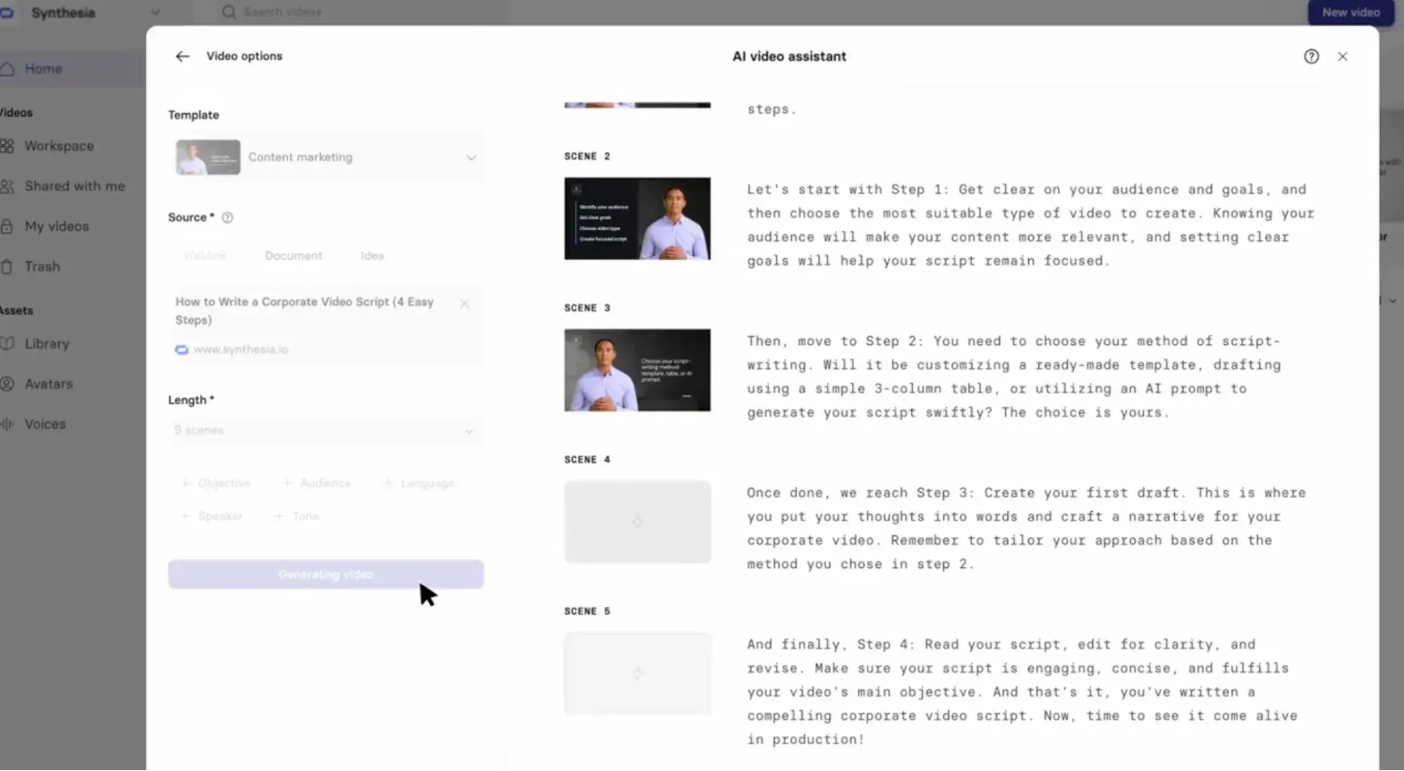 a screenshot of synthesias user interface and ai assistant tool