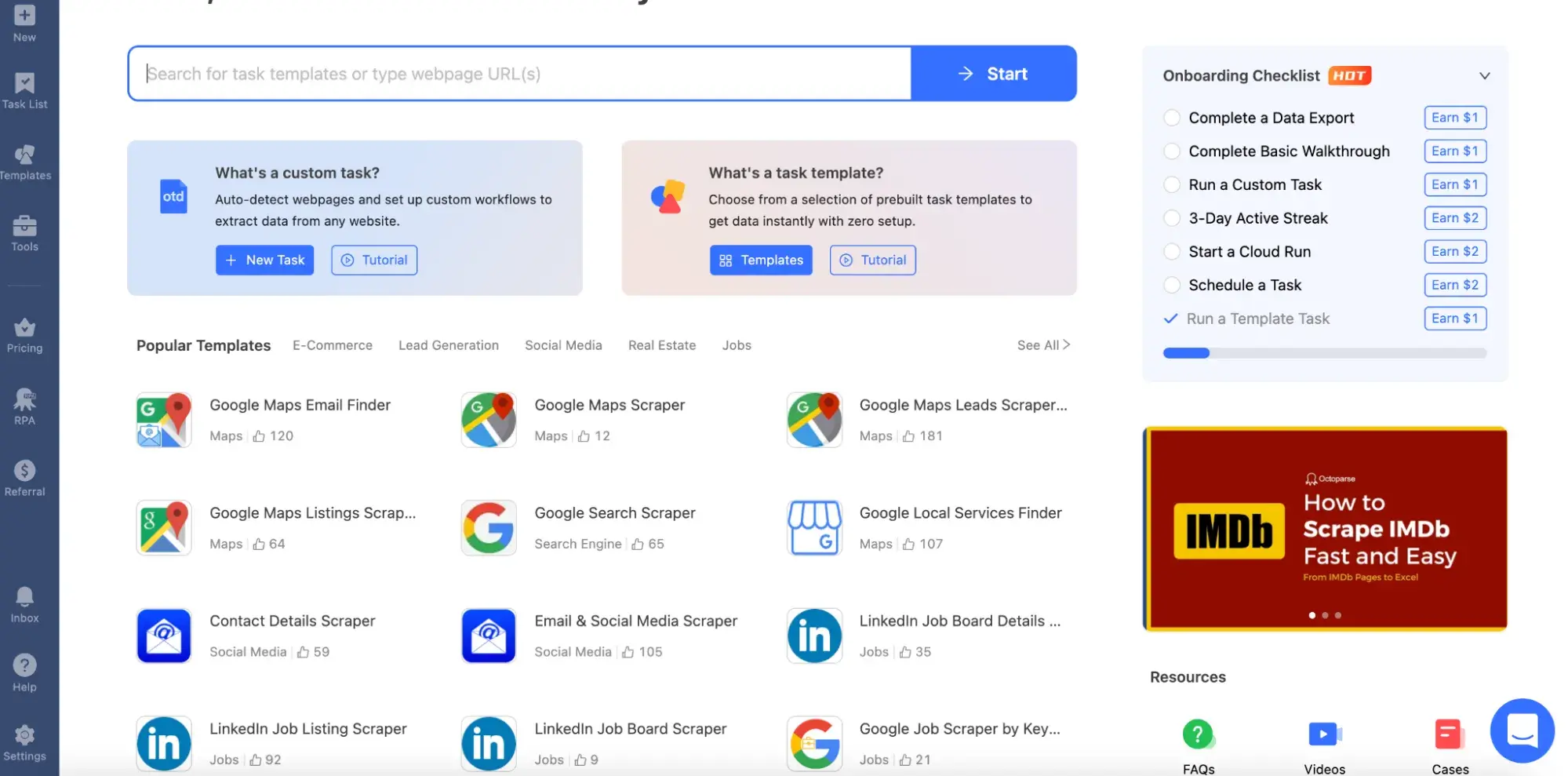ai web scraping tool octoparse’s dashboard