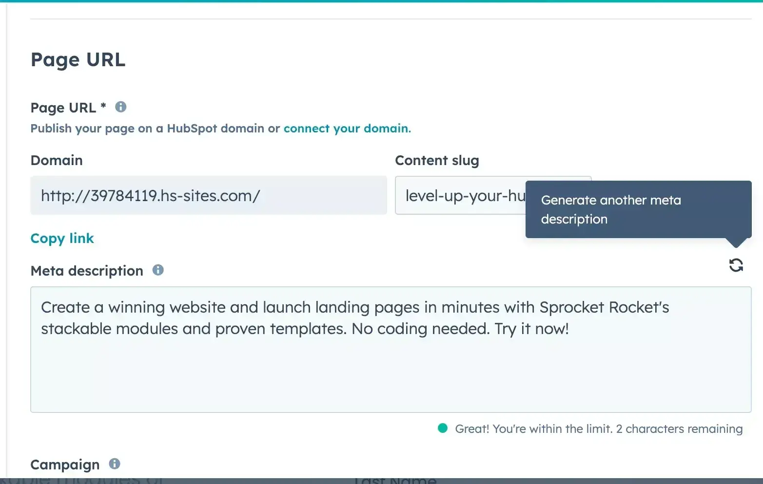 ai vs human content: hubspot content hub’s ai content writer generates a meta description for a page