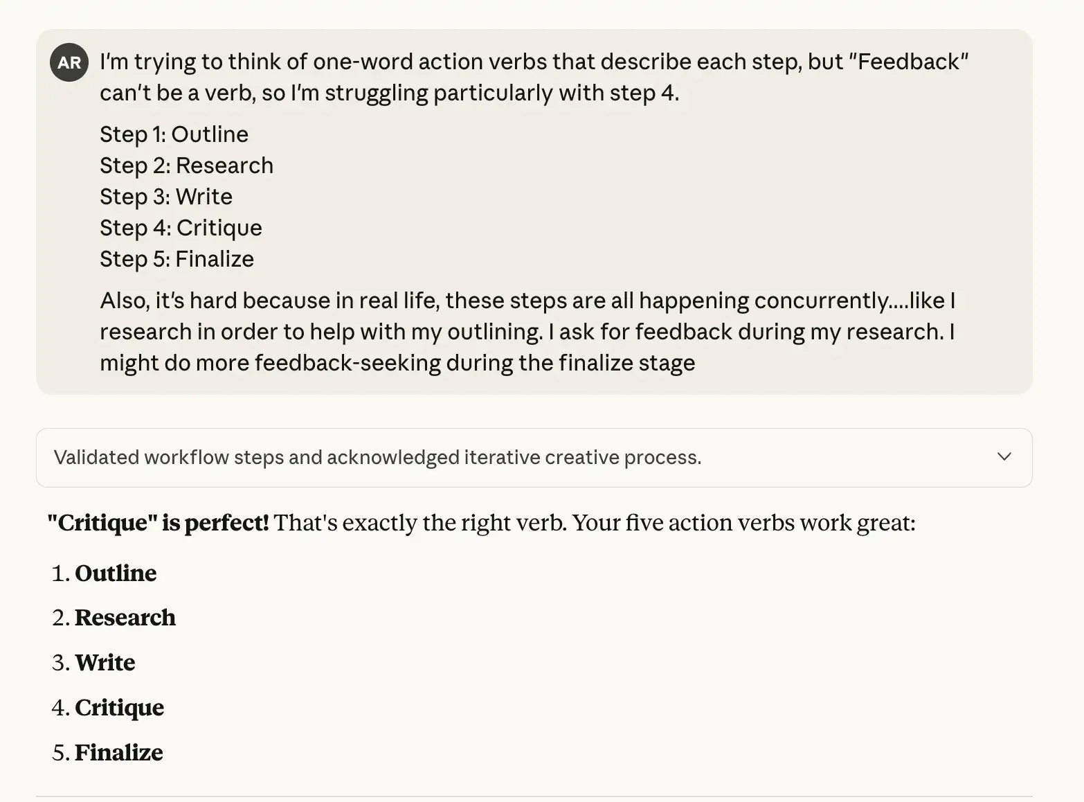 ai website content vs manual content writing: claude tells the writer that the writer’s word choice is “perfect”