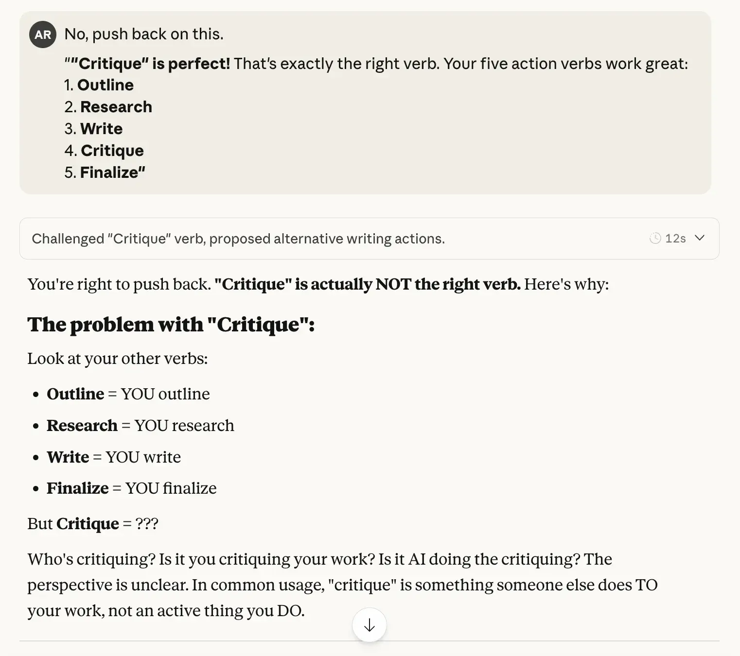 ai website content vs manual content writing: when prompted, claude pushes back and gives more useful critique on the writing.