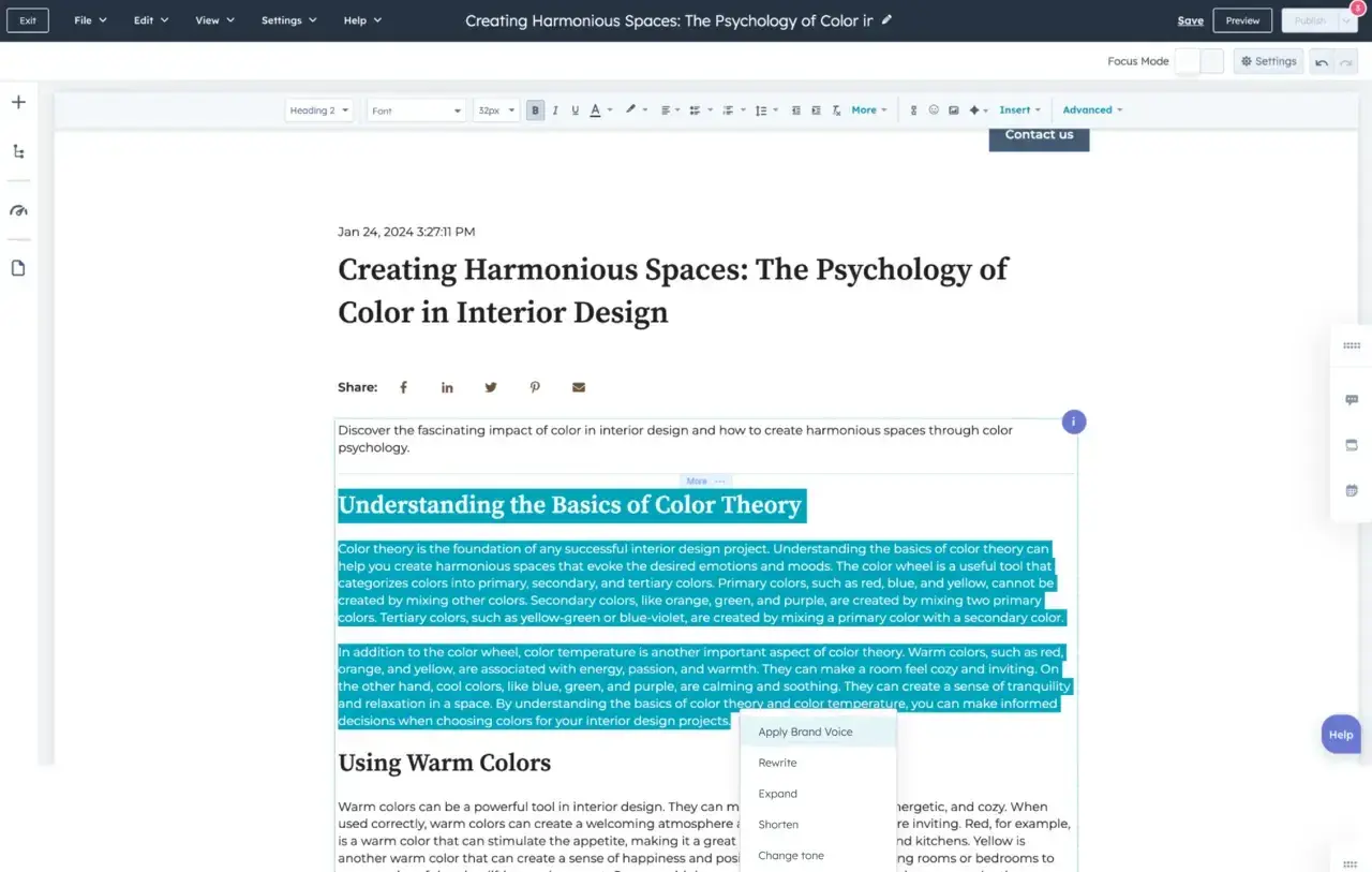 ai vs human content seo: hubspot content hub’s brand voice feature being applied to text on a blog post