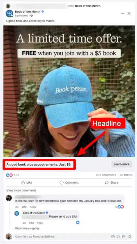 screenshot pointing out where the headline is in the anatomy of a facebook ad