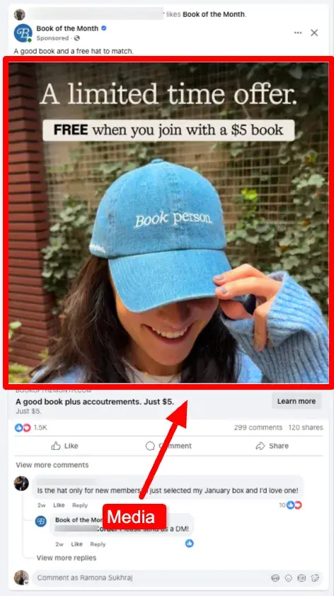 screenshot pointing out where the media is in the anatomy of a facebook ad