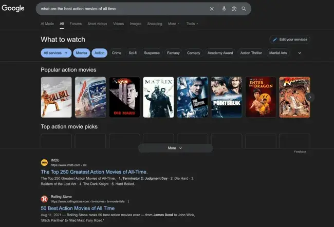 answer engine optimization best practices; Google search results page displaying answer engine optimization best practices for action movie queries